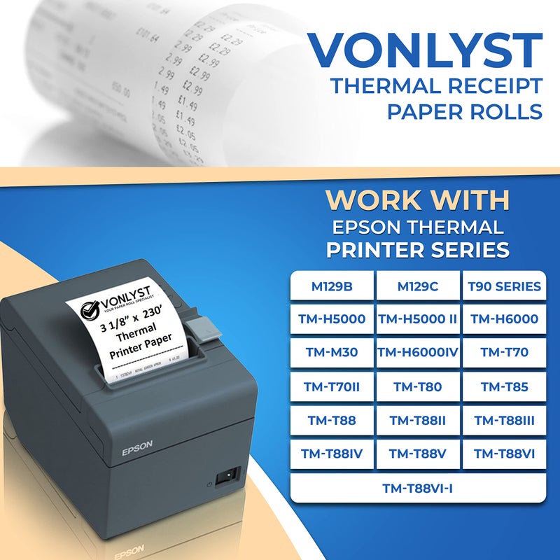 Vonlyst 3 1/8 x 230 Thermal Paper Receipt Roll for Epson Printer (Pack 12 rolls) - Image 2
